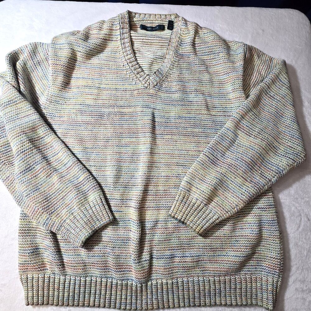 VTG 1990s Perry Ellis Sweater Heavy Thick Rainbow Stripe Knit Design Sz XXL
